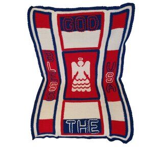 Handmade Patriotic Crochet Blanket God Bless The USA Angel Throw Red White Blue